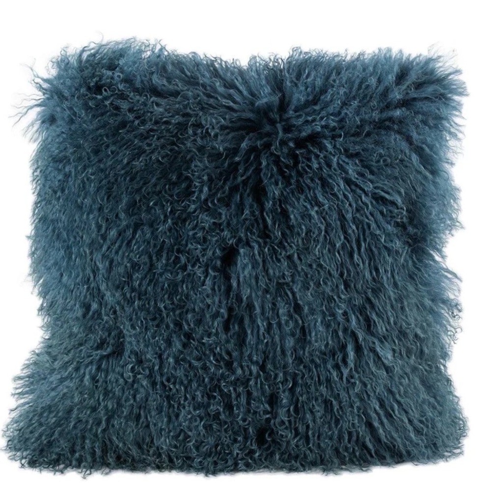 Saro Lifestyle Mongolian Lamb Fur Pillow Cover Teal Blue 16x16 Natural Wool